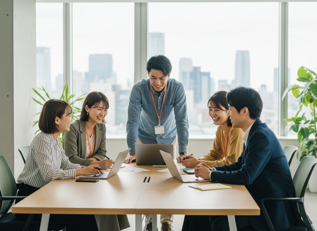 チームリーダーとミーティング中の4人の社員