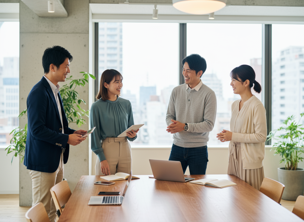 4人の男女社員が立って会話をしている様子